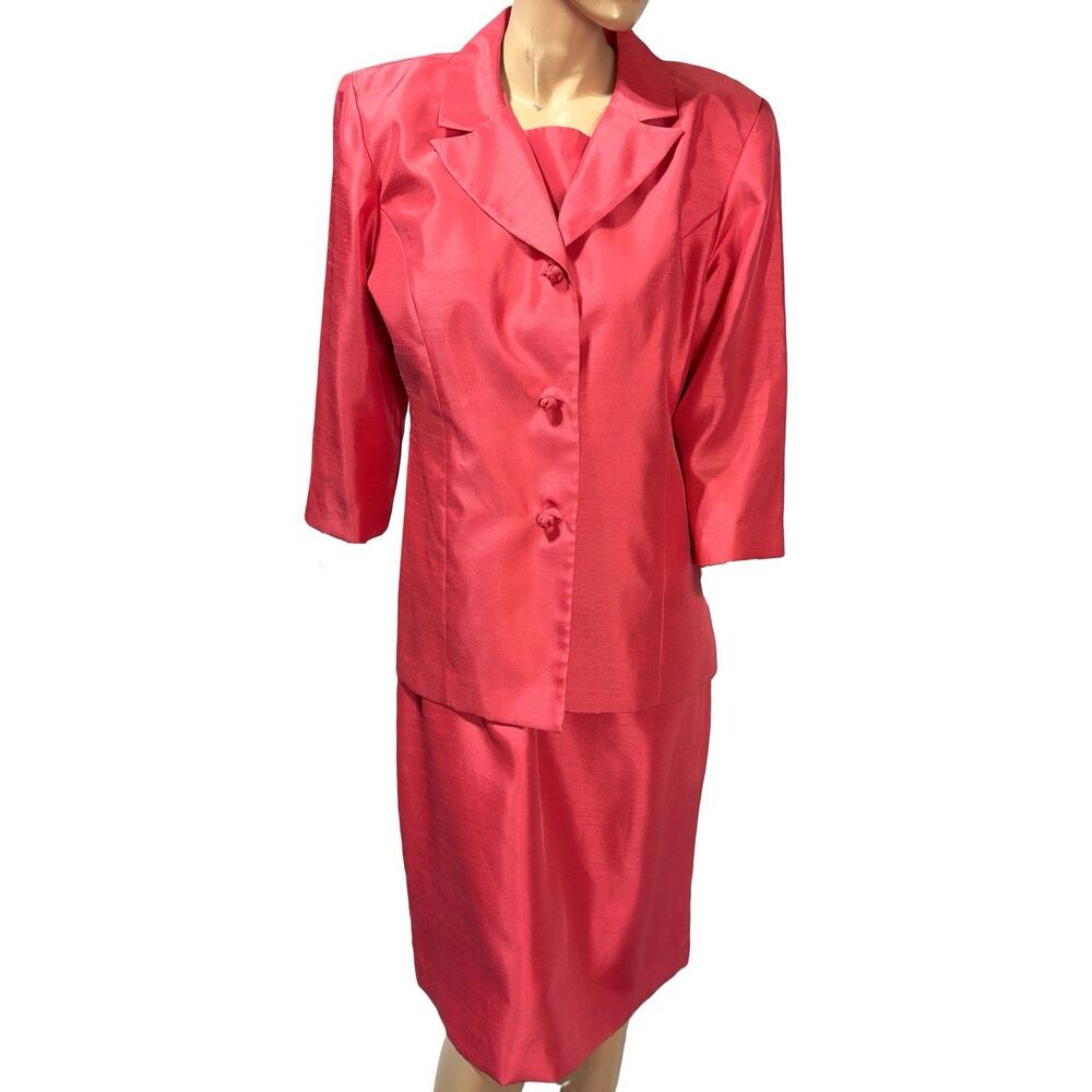 Leslie Fay Jacket Dress Suit Set Size 16 PInk Coral Taffeta Formal Evening NEW